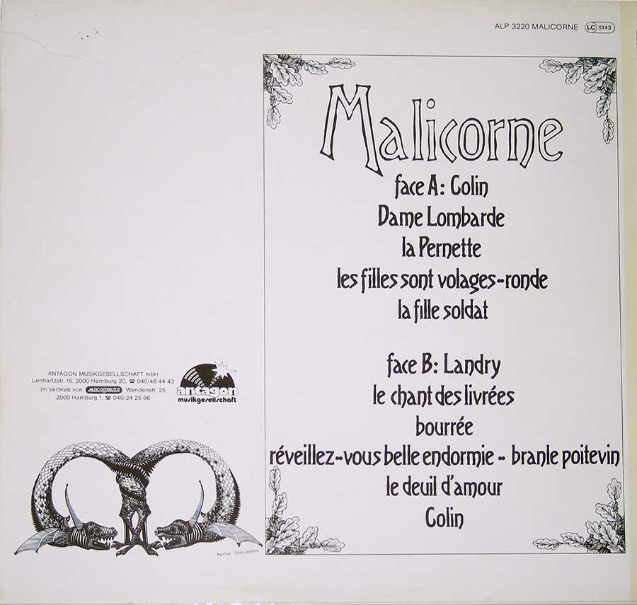 MALICORNE - 1 Colin - French Prog Rock Antagon 1979 12" Vinyl LP Album back cover