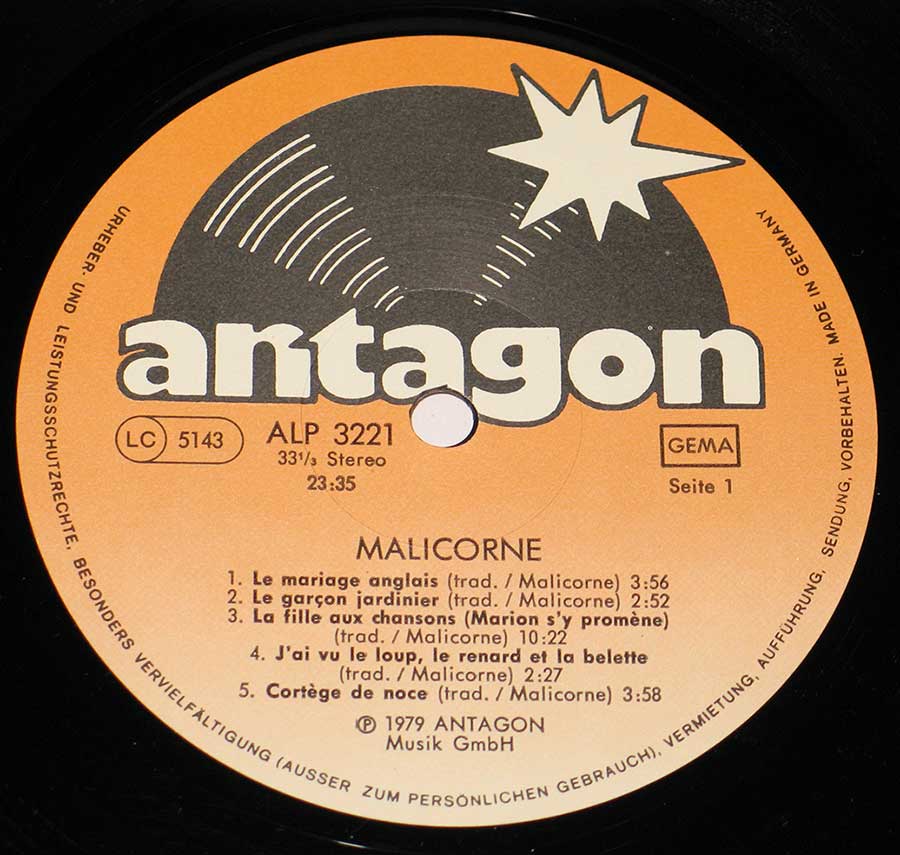 Close up of "MALICORNE 2 Le Marriage Anglais" Orange and Black Colour Record Label Details: ALP 3221 ℗ ANTAGON Musik GmbH Sound Copyright 