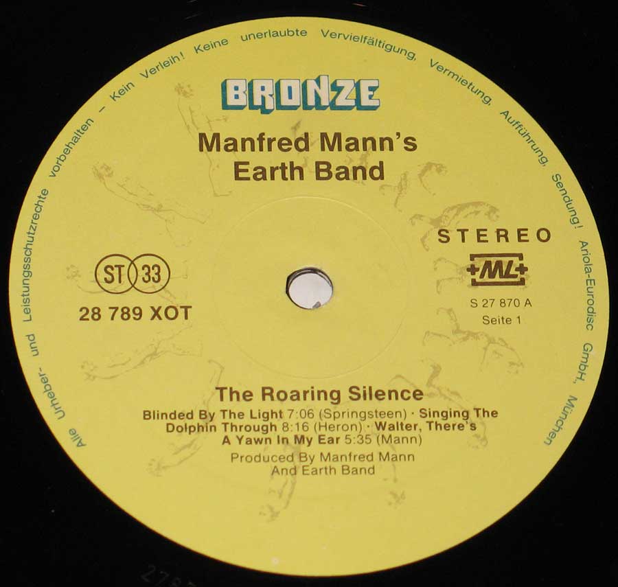Close up of record's label Manfred Mann's Earth Band Roaring Silence Switzerland Side One
