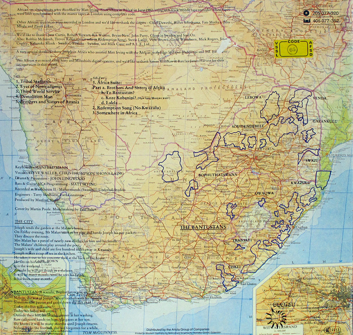 Back cover of Manfred Mann’s Earth Band 'Somewhere in Afrika', designed as a large, detailed political map of southern Africa during the apartheid era. The map spans the full cover, showing South Africa and its neighboring regions with borders sharply outlined in purple, highlighting territories labelled as Bantustans such as Transkei, Ciskei, Bophuthatswana, KwaZulu, Gazankulu, Lebowa, and QwaQwa. Major cities like Pretoria, Johannesburg, Durban, and Cape Town are marked, along with cross-border links to Botswana, Namibia, Zimbabwe, and Mozambique. Tracklisting text appears printed directly over the upper-left section of the map, divided into Side 1 and the Africa Suite, listing songs such as Tribal Statistics, Eyes of Nostradamus, Third World Service, Brothers and Sisters of Azania, and Redemption Song (No Kwazulu). Below the tracklist sits a block of production credits naming musicians and roles. Additional narrative text titled 'The City' appears at the bottom left like a vignette or short story. A small inset map in the lower right shows the Witwatersrand region. Catalogue numbers, distribution notes, and a yellow “Code 65” price label appear in the top-right corner, giving the cover a documentary, socio-political atmosphere.