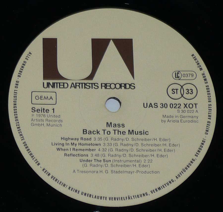 "Back To The Music" Record Label Details: United Artists Records UAS 30 022 XOT ℗ 1976 United Artists GMBH Sound Copyright