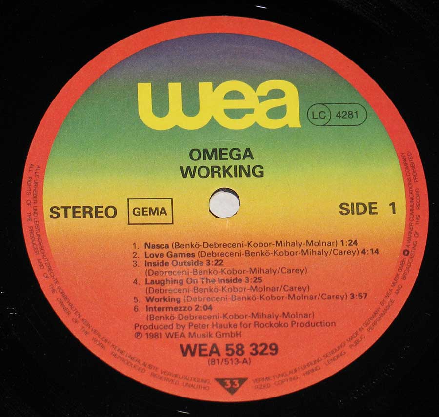 "Working by Omega" Record Label Details: WEA 58 329 ℗ 1981 WEA Musik GMBH Sound Copyright 