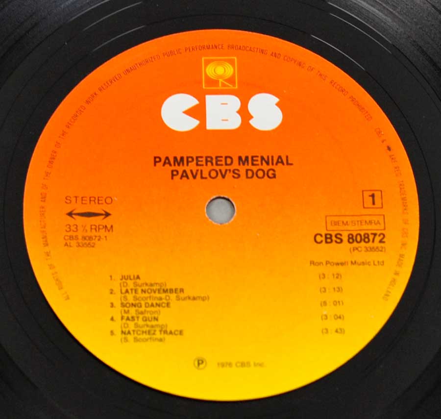 "Pampered Menial" Orange to Yellow CBS Record Label Details: CBS 80872 