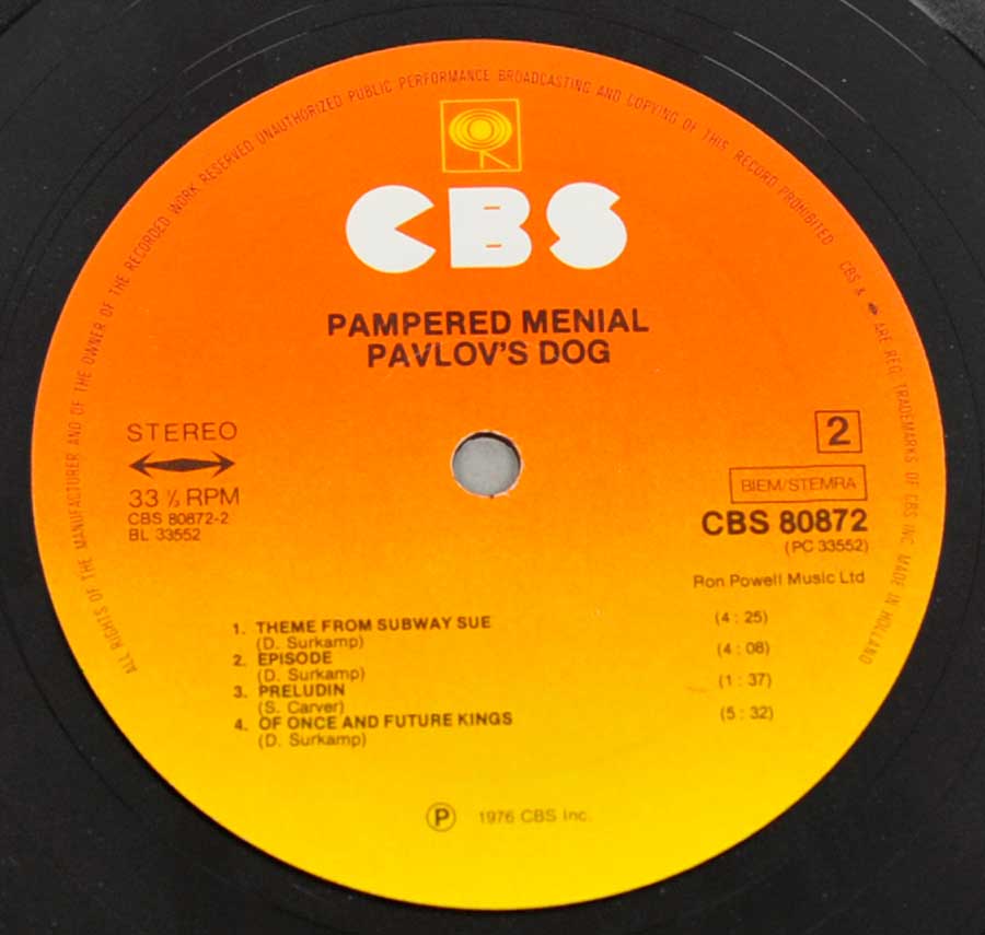 Side Two Close up of record's label PAVLOV'S DOG - Pampered Menial Gatefold 12" LP VINYL Album