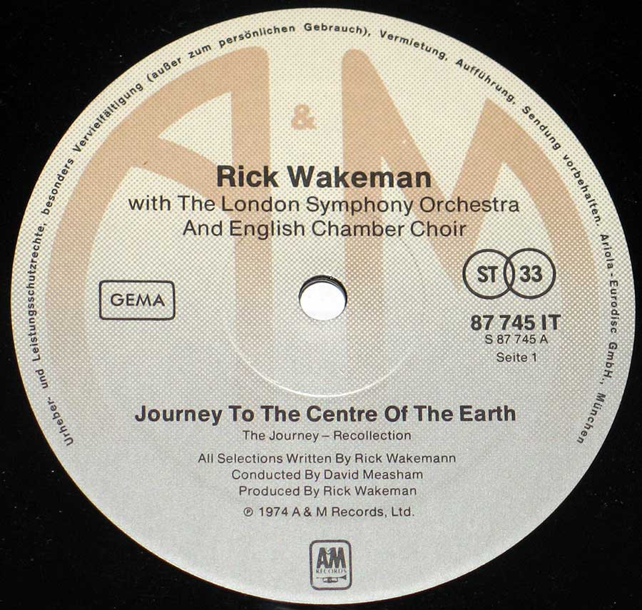 RICK WAKEMAN - Journey to the Centre of the Earth with the London Symphony Orchestra 12" VINYL LP ALBUM enlarged record label