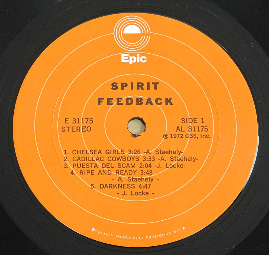 Close up of record's label SPIRIT - Feedback original USA 12" LP Vinyl Album Side One