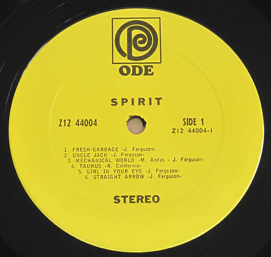 Close up of record's label SPIRIT - Self-Titled Ode Records 12" LP Vinyl Album Side One