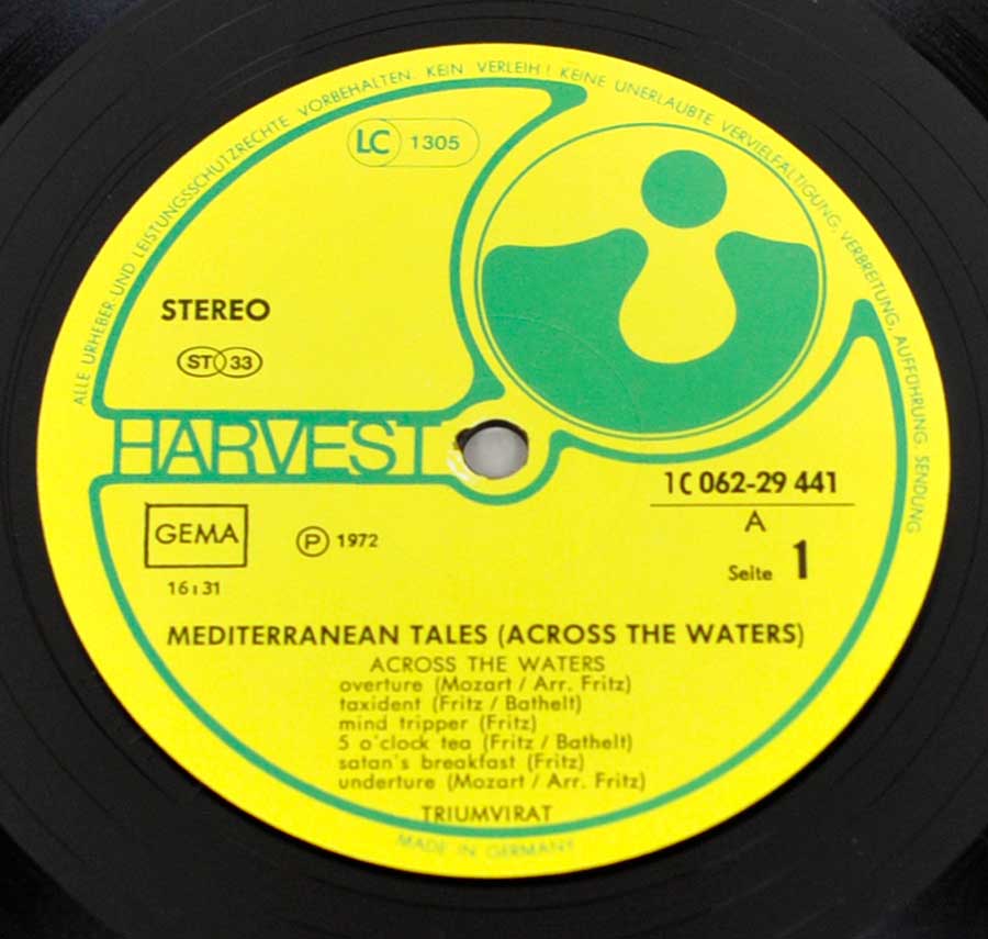 Close up of record's label TRIUMVIRAT - Mediterranean Tales Across The Waters 12" Vinyl LP Album Side One