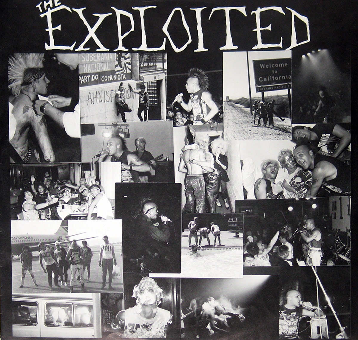 Custom inner sleeve of The Exploited's 'Death Before Dishonour' album, featuring a chaotic black-and-white collage of live performances, backstage moments, and candid tour shots. The band's name appears in jagged, white lettering at the top, adding to the raw, punk aesthetic.