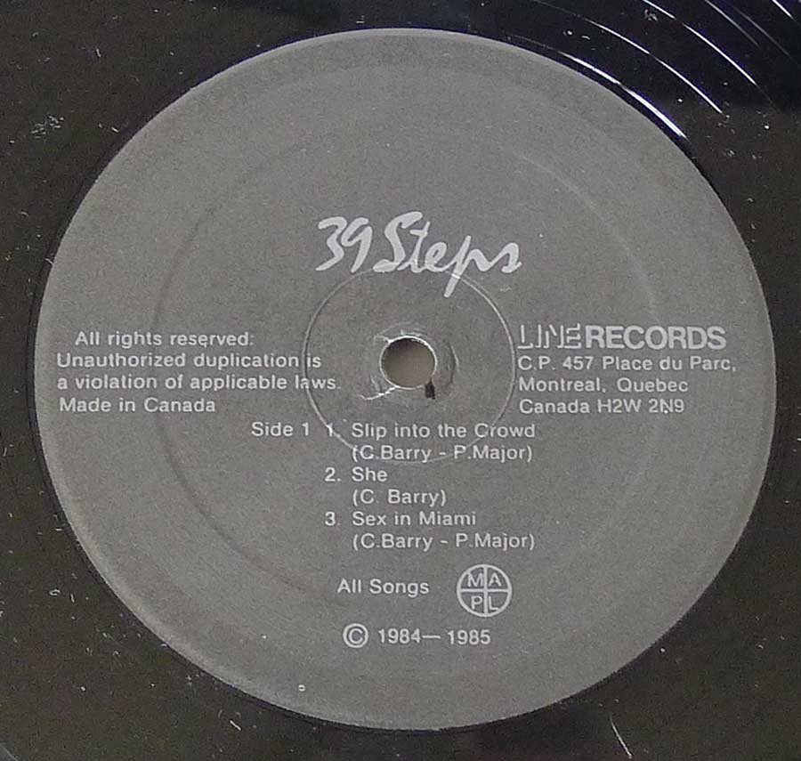 "39 Steps" Record Label Details: Line Records , Made in Canada © 1984-1985 