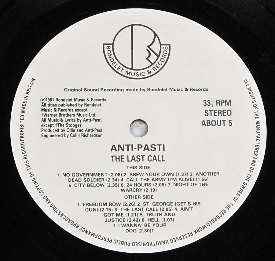 Close up of record's label ANTI-PASTI - The Last Call Side Two