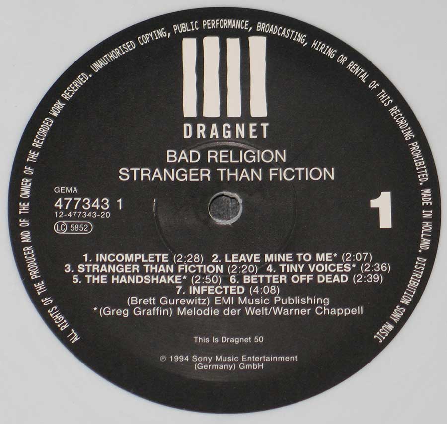 Close-up Photo of "Stranger Than Fiction" Record Label 