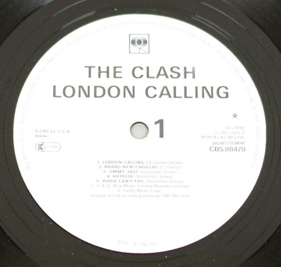 Close up of Side One record's label THE CLASH - London Calling Gatefold Cover 12" Vinyl 2LP Album