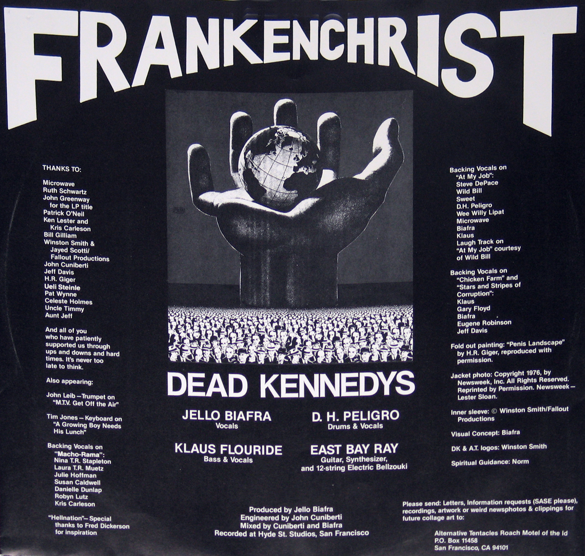 High Resolution Photo DEAD KENNEDYS - Inner sleeve of Dead Kennedys’ Frankenchrist album featuring a black-and-white collage of a giant hand holding the Earth above a massive crowd of faceless people. The design includes bold typography with album credits, acknowledgments, and backing vocal listings. Mentions H.R. Giger’s Penis Landscape insert, Winston Smith’s artwork, and production details, reinforcing the album’s political and satirical themes