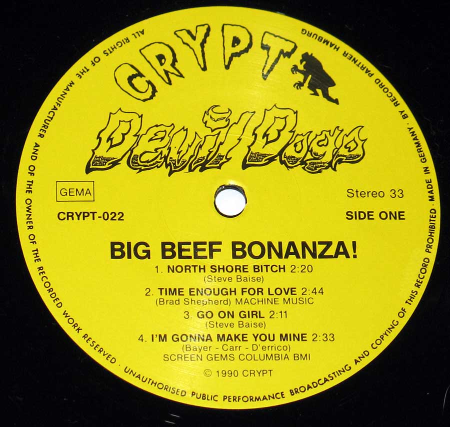 Close up of record's label Devil Dogs - Big Beef Bonanza! 12" VINYL LP ALBUM Side Two