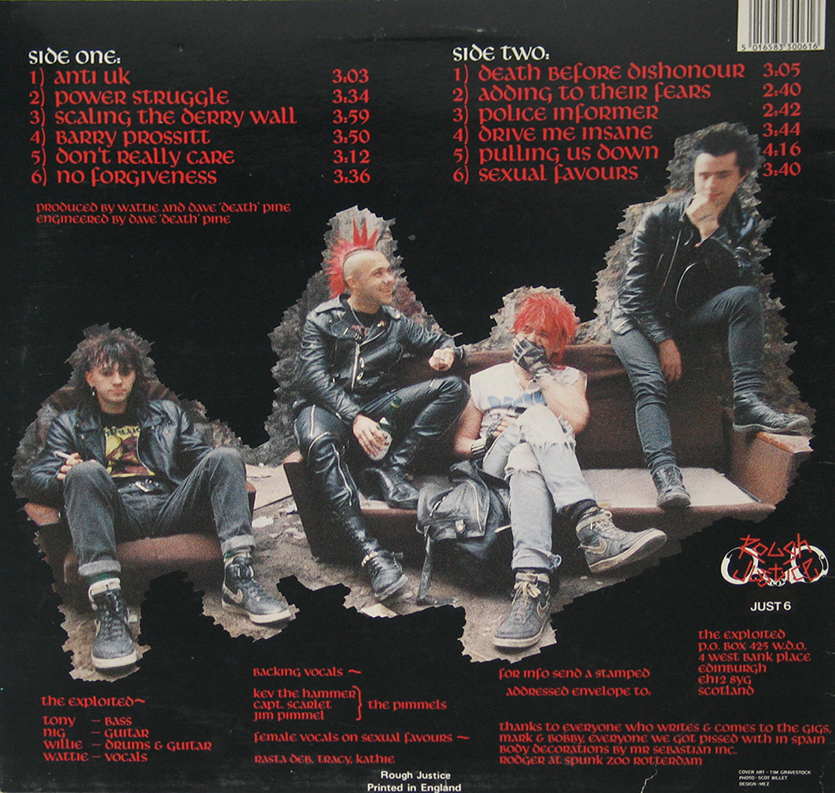 Back cover of The Exploited's 'Death Before Dishonour' album. Features a rough-cut collage of the band members in punk attire sitting on a worn-out couch in an outdoor setting, surrounded by a dark, chaotic design. The tracklist appears in red gothic-style font, along with credits and messages in a rebellious, handwritten style.