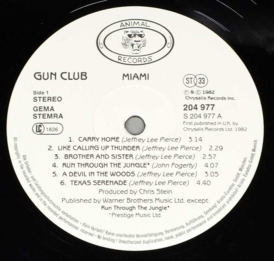THE GUN CLUB - Miami Animal Records 12" LP VINYL ALBUM enlarged record label