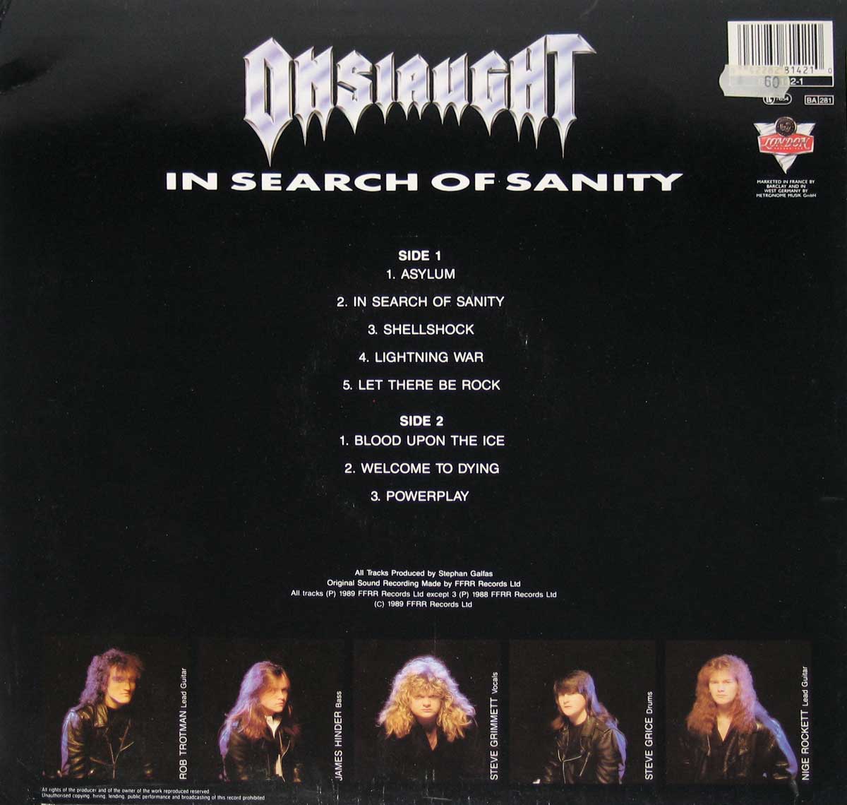 Photo's of the five ONSLAUGHT band-members on the album back cover of "In Search Of Sanity"  