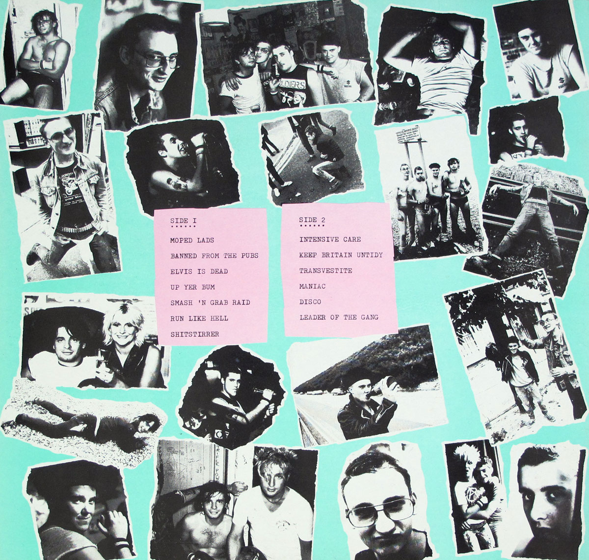 Back cover of the 1982 punk album 'Pissed and Proud' by Peter and the Test Tube Babies. The design features a bright turquoise background filled with black-and-white cut-out photographs of the band members in casual, candid, and often irreverent poses. Central to the layout are two pink rectangular panels listing the track titles for Side 1 and Side 2, typed in uppercase. Around these panels are images including shirtless band members, playful group shots, onstage moments, close-up portraits, and humorous or rebellious poses, reflecting the raw, tongue-in-cheek energy of early 1980s British punk.