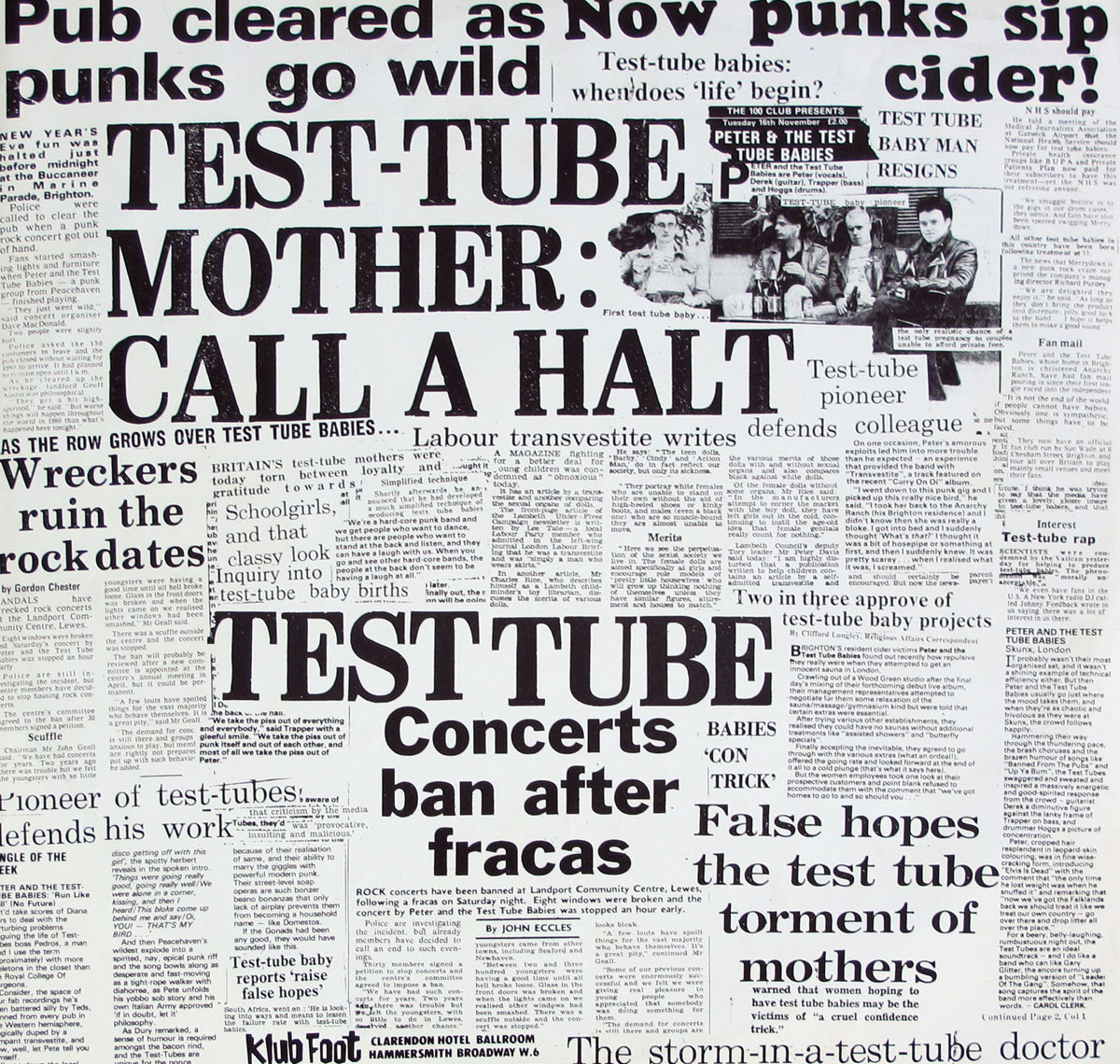 One side of the original custom inner sleeve from the 1982 punk album 'Pissed and Proud' by Peter and the Test Tube Babies. The design mimics a chaotic newspaper collage, dominated by oversized, bold black headlines referencing the band’s name, antics, and mock scandals. Surrounding these large typefaces are smaller text columns in varied fonts, simulating news stories about 'test-tube' controversies, concert bans, and humorous pseudo-political commentary. Interspersed are small black-and-white photographs, including a band shot at a pub table and an image of a dog, reinforcing the tongue-in-cheek punk aesthetic.