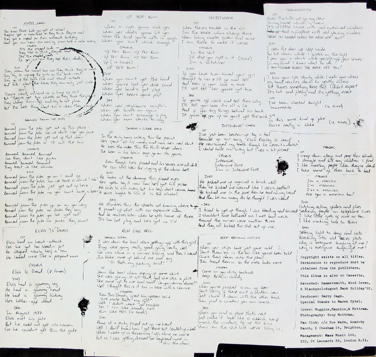 Second side of the original custom inner sleeve from the 1982 punk album 'Pissed and Proud' by Peter and the Test Tube Babies. The layout features a stark white background with handwritten black song lyrics covering the entire surface in a loose, casual style, as if scrawled quickly on paper. The lyrics for each track, including 'Moped Lads', 'Banned from the Pubs', 'Elvis is Dead', 'Up Yer Bum', and others, are arranged in uneven columns, interspersed with playful doodles, ink smudges, and circular marks. Small-print production credits and acknowledgments are positioned at the lower right corner, preserving the raw, DIY punk aesthetic.