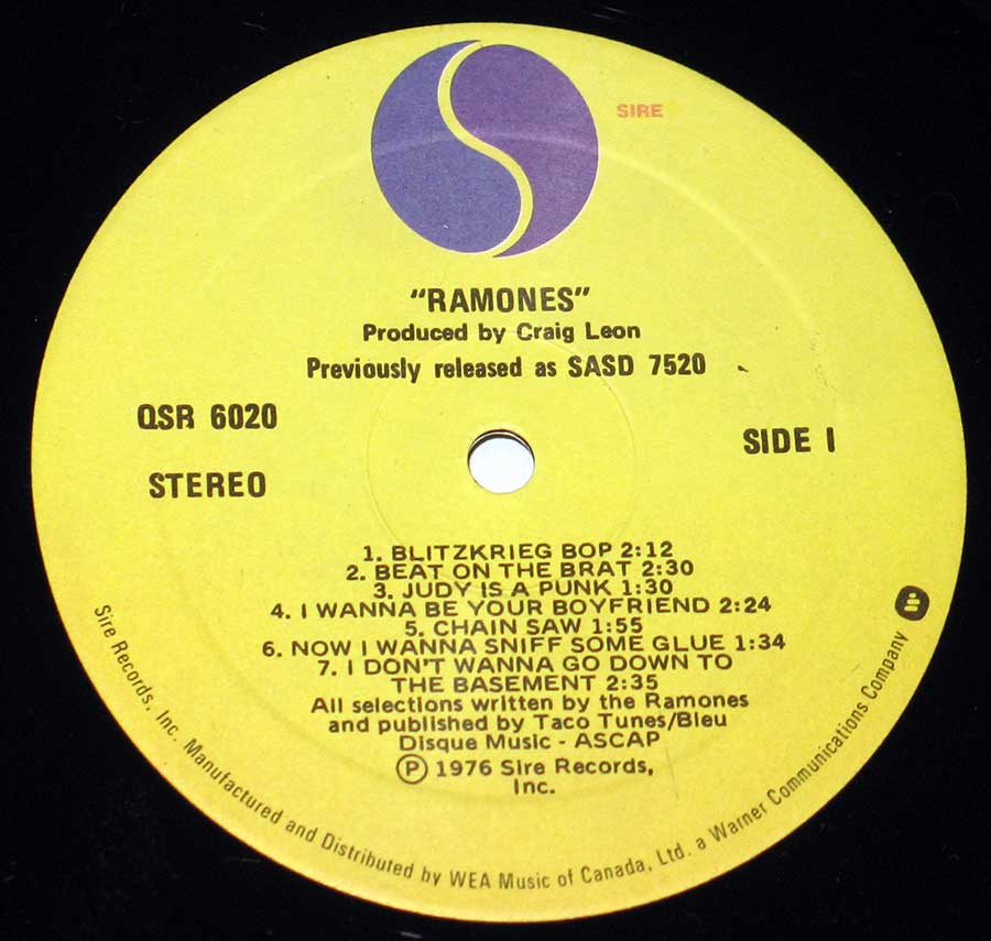 Close up of Side One Ramones - self-titled 