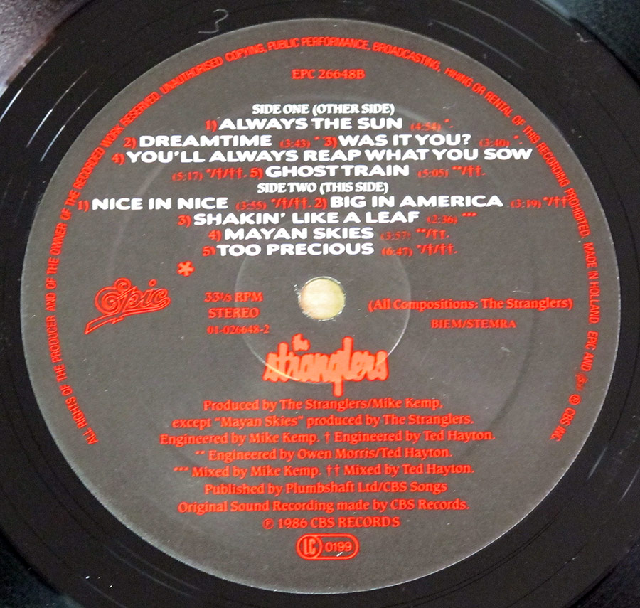 Side Two Close up of record's label Stranglers - Dreamtime