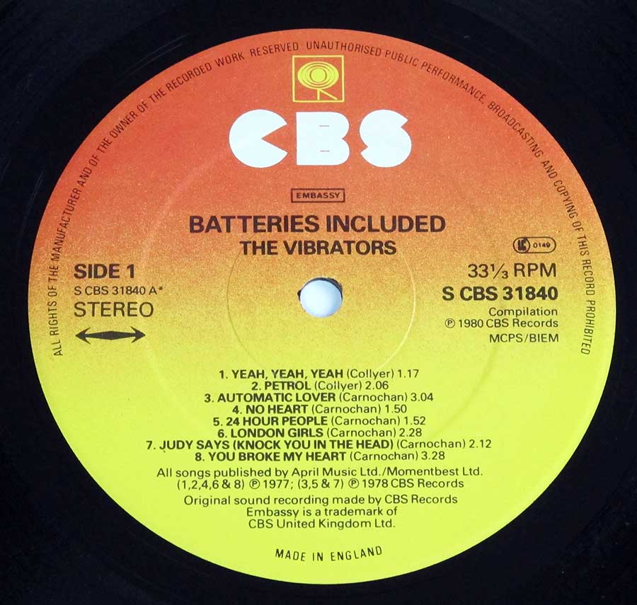 Close up of record's label VIBRATORS Batteries Included UK Pressing 12" LP Vinyl Album Side One