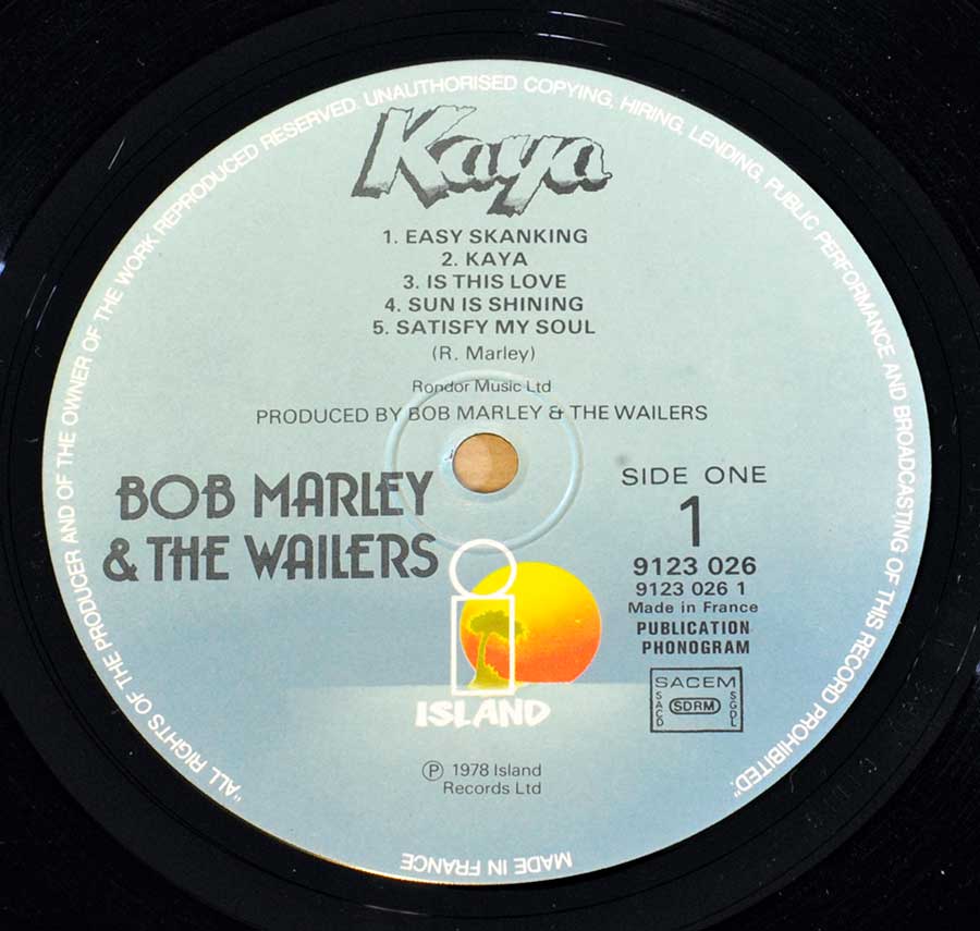 Close up of record's label BOB MARLEY - Kaya ( France ) Side One