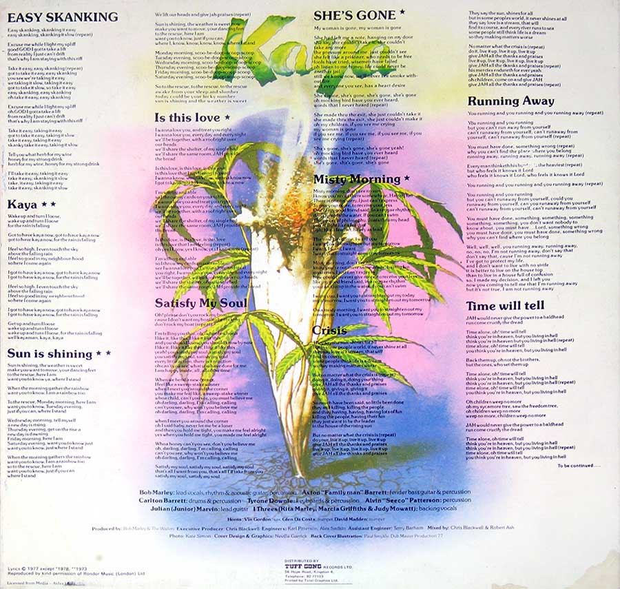 BOB MARLEY & THE WAILERS - Kaya Tuff Gong ( Jamaica Release ) 12" Vinyl LP Album
 back cover