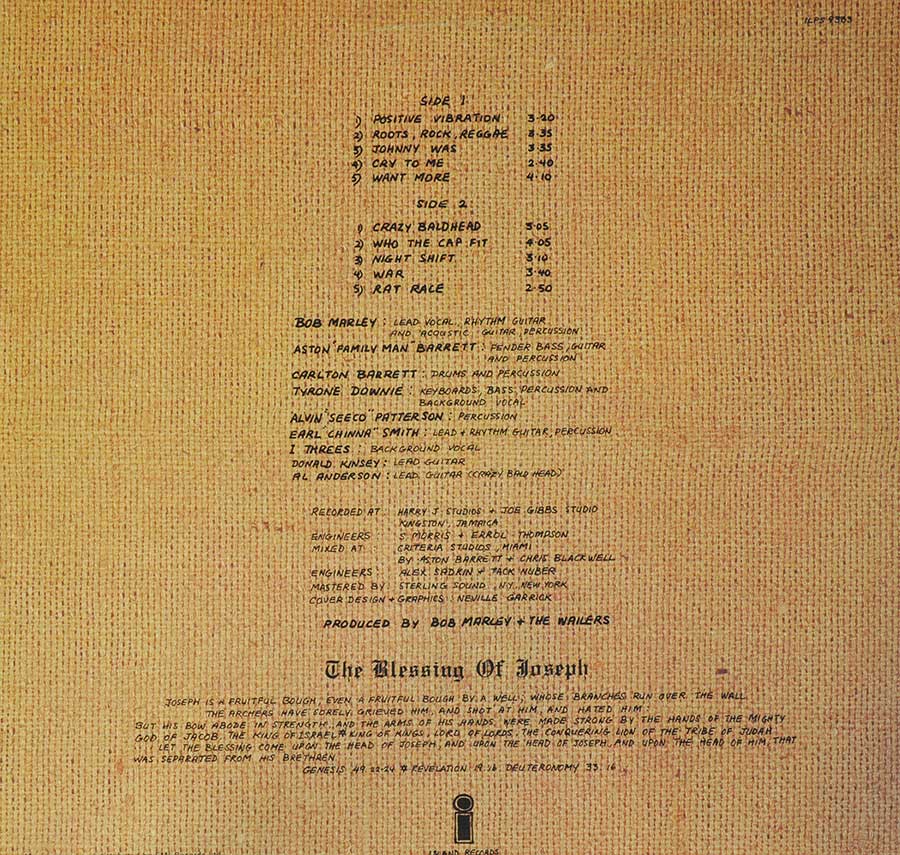 BOB MARLEY - Rastaman Vibration Original 1976 Issue Gatefold 12" Vinyl LP Album back cover