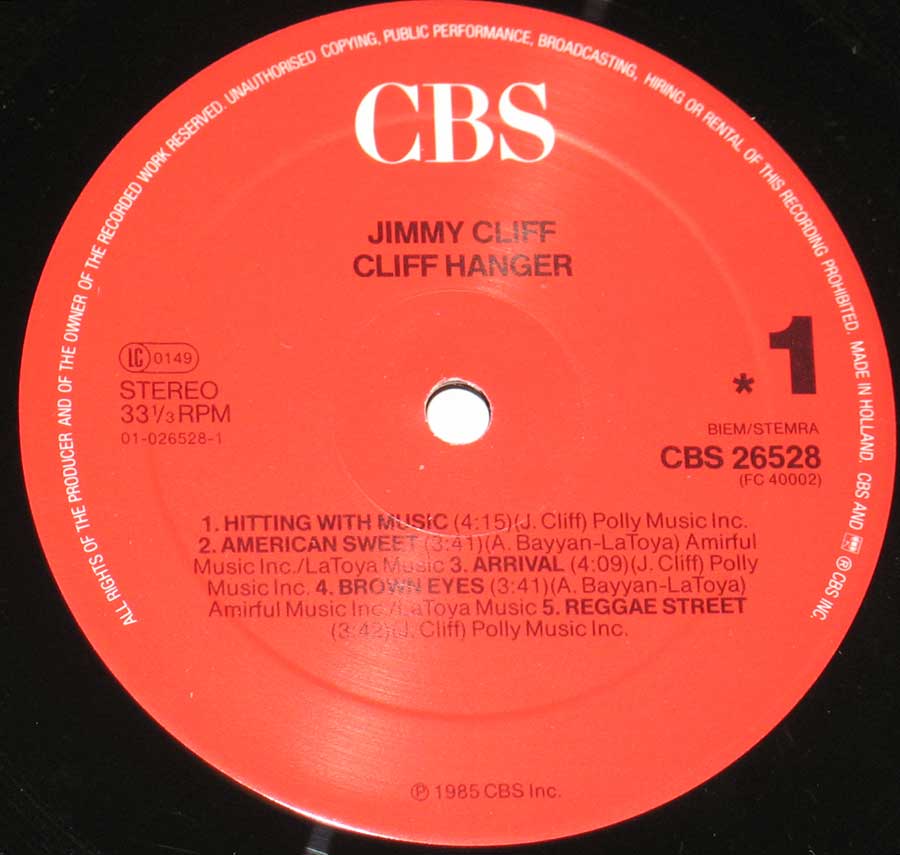 JIMMY CLIFF - Cliff Hanger 12" VINYL LP ALBUM enlarged record label