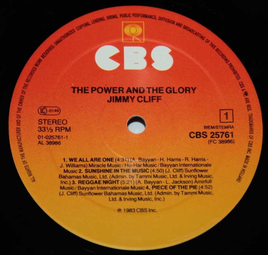 Close up of record's label JIMMY CLIFF - The Power and the Glory Side One