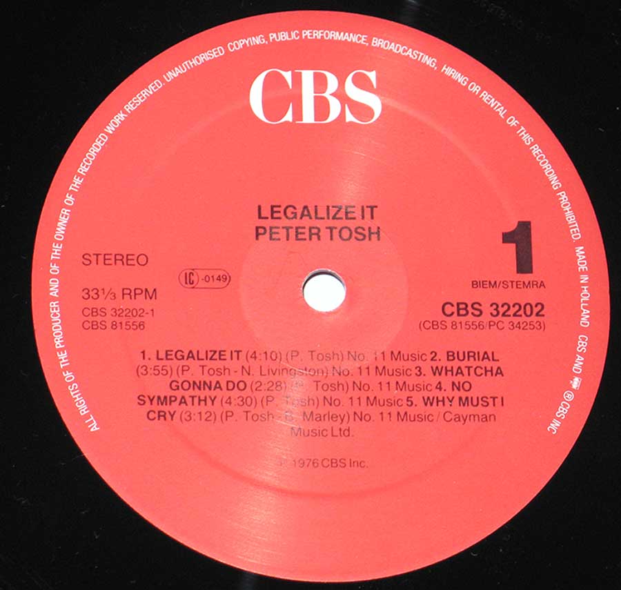 "Legalize It" Red Colour CS Record Label Details: CBS 32202 
