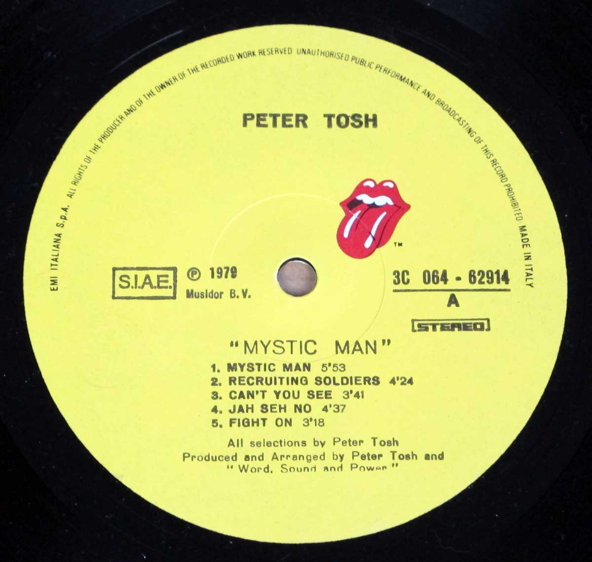 Close up of PETER TOSH - Mystic Man ( Italy ) record's label 