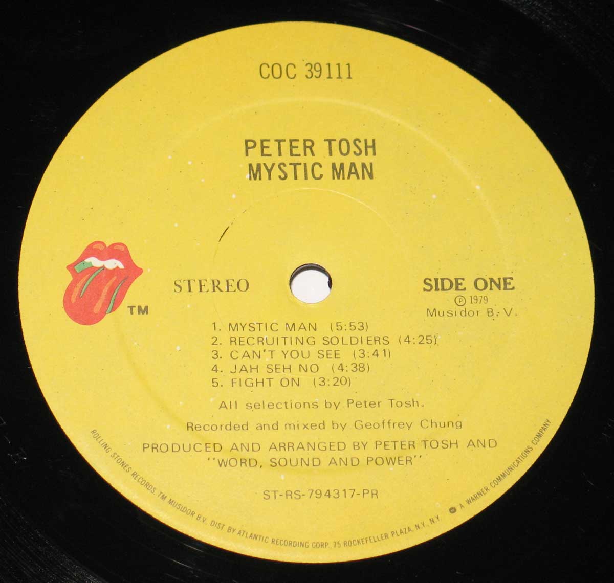 Close up of PETER TOSH - Mystic Man ( USA ) record's label 