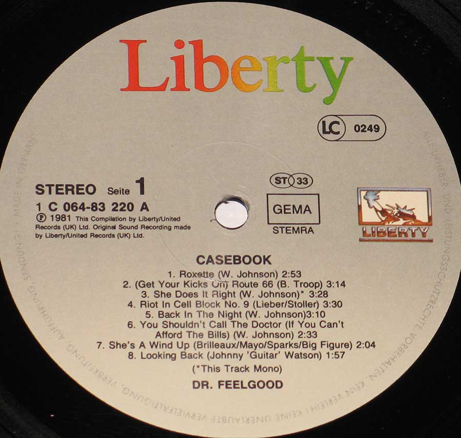 DR FEELGOOD - Casebook Nick Lowe 12" Vinyl LP Album enlarged record label