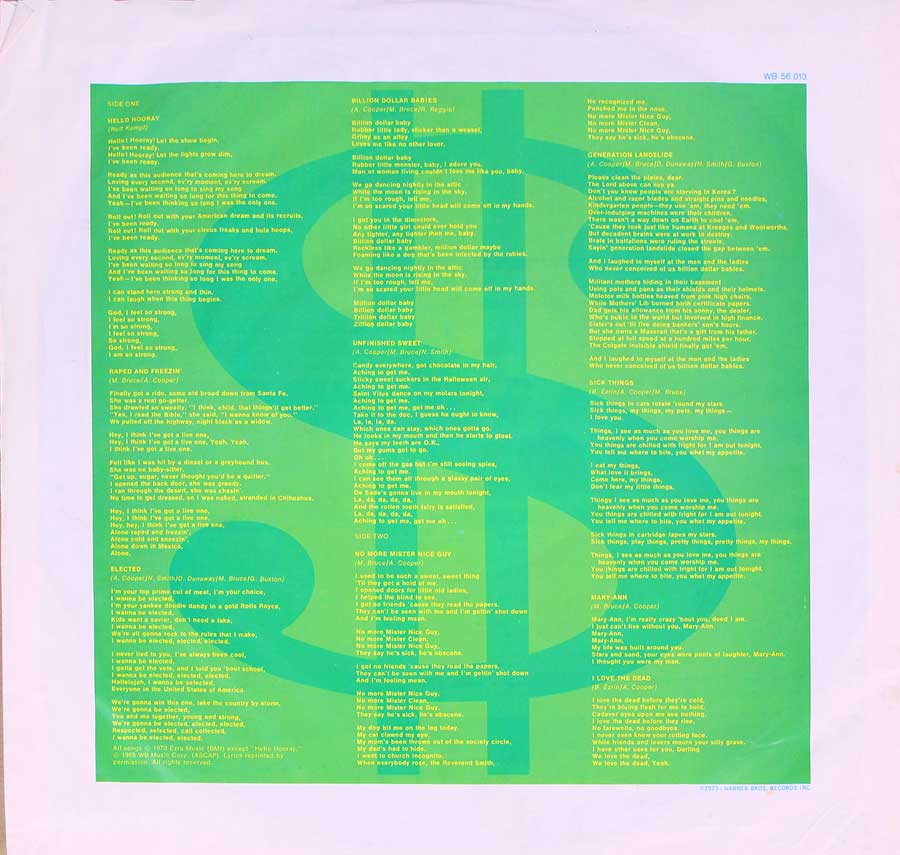 Lyrics of the songs on "Billion Dollar Babies" printed on the green original custom inner sleeve 