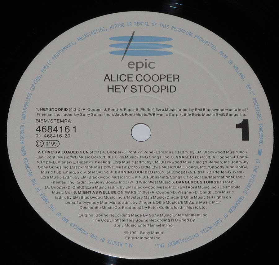 Close up of record's label ALICE COOPER - Hey Stoopid 12" LP Vinyl Album Side One