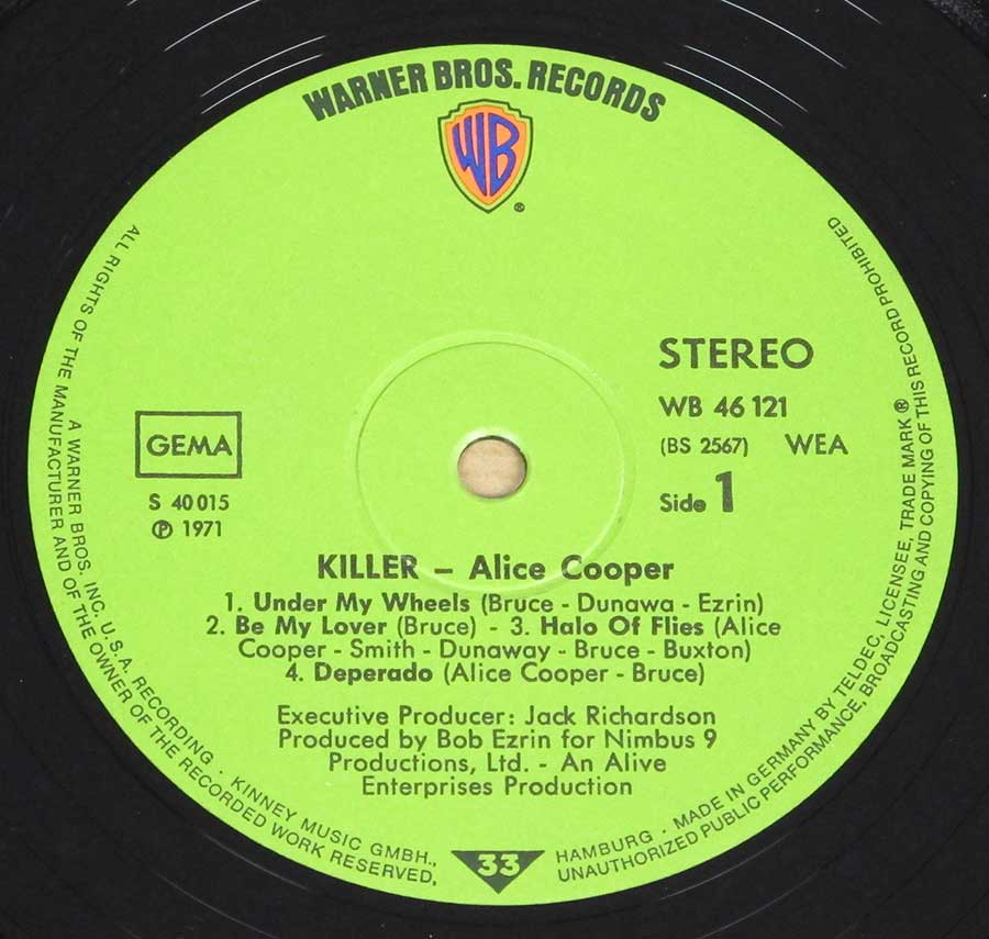 "Killer" Green Colour Warner Record Label Details: Warner Bros Records WB 46 121, BS 2567 S 40 015 ℗ 1971 Sound Copyright 