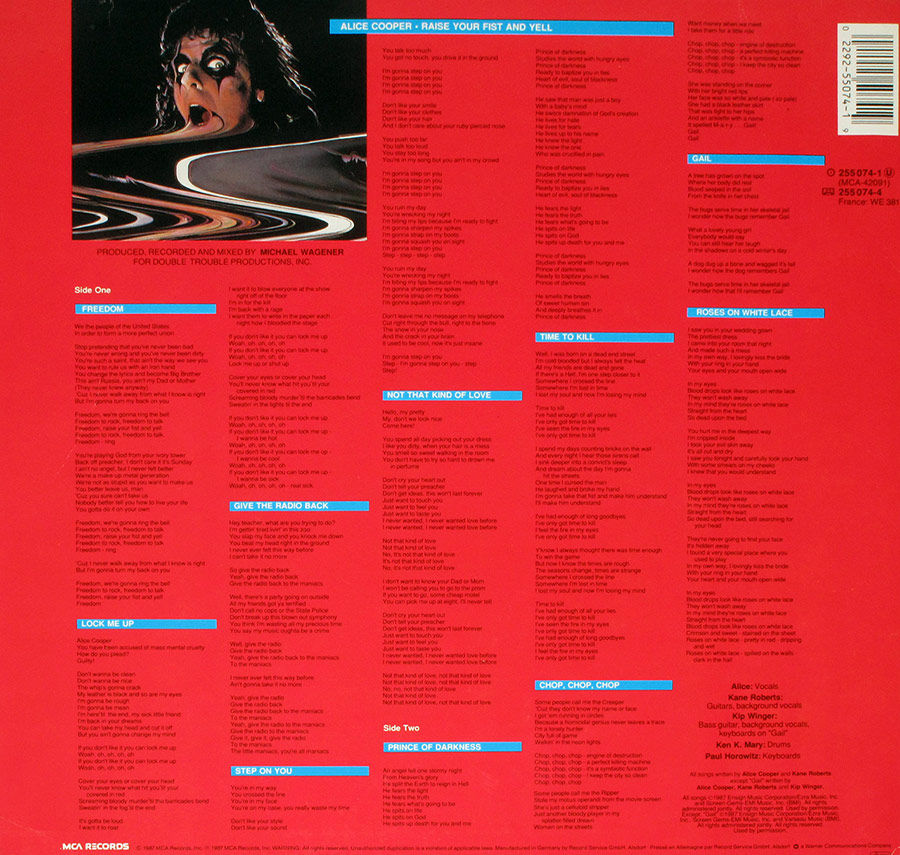 ALICE COOPER - Raise Your Fist And Yell 12" LP Vinyl Album
 back cover