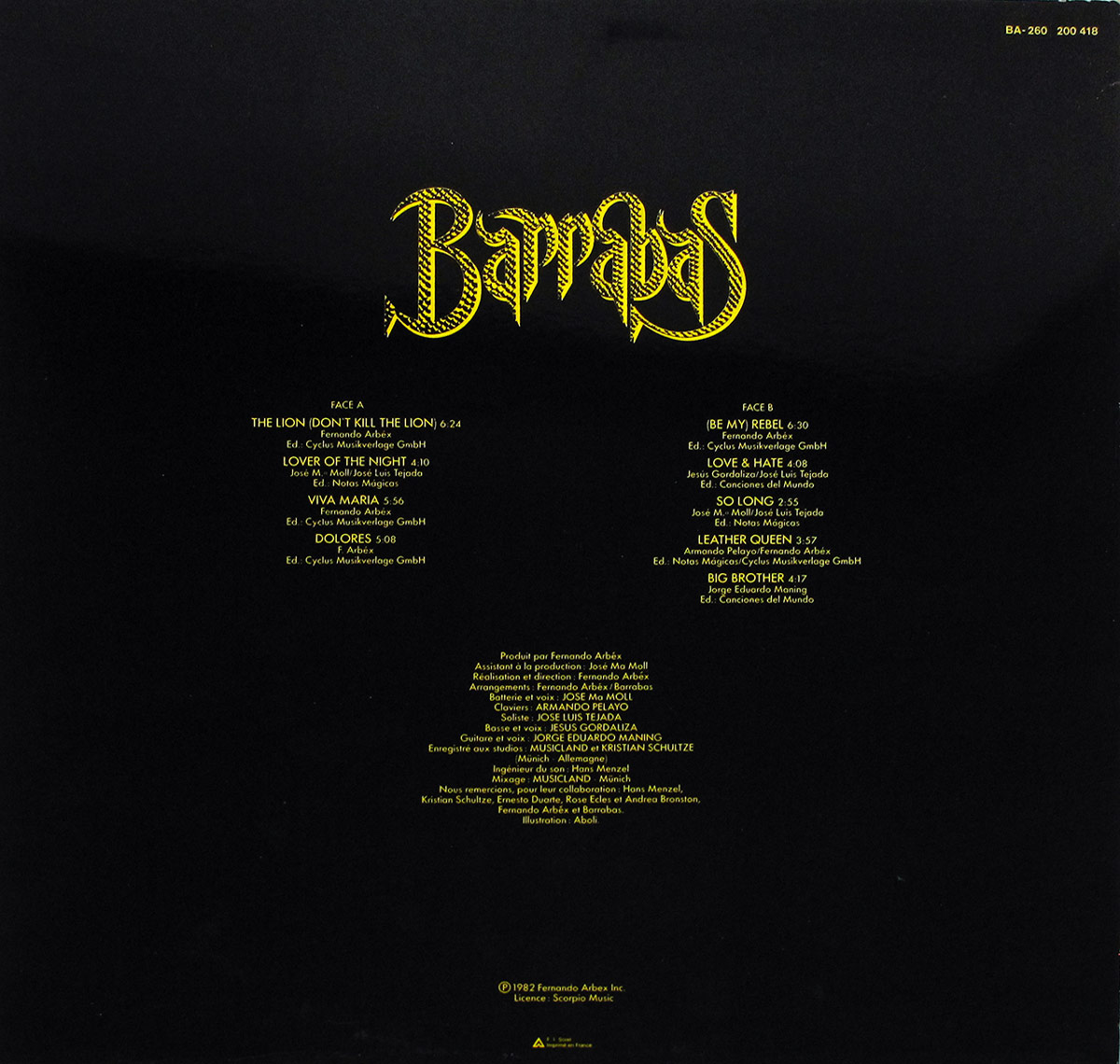 Back cover of Barrabas' 'Bestial' album with a black background and yellow gothic-style text displaying the tracklist and credits.