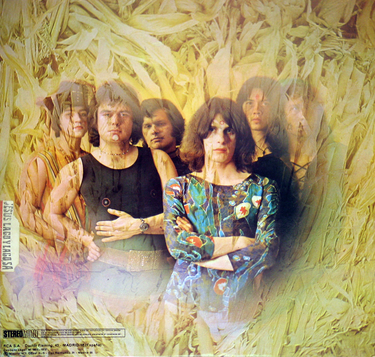 Back cover of 'Power' by Barrabás (1972), featuring a double-exposure effect of the six band members against a textured, straw-like background in warm tones. The lead figure in a blue floral shirt stands with crossed arms, while other members display unique postures and attire.