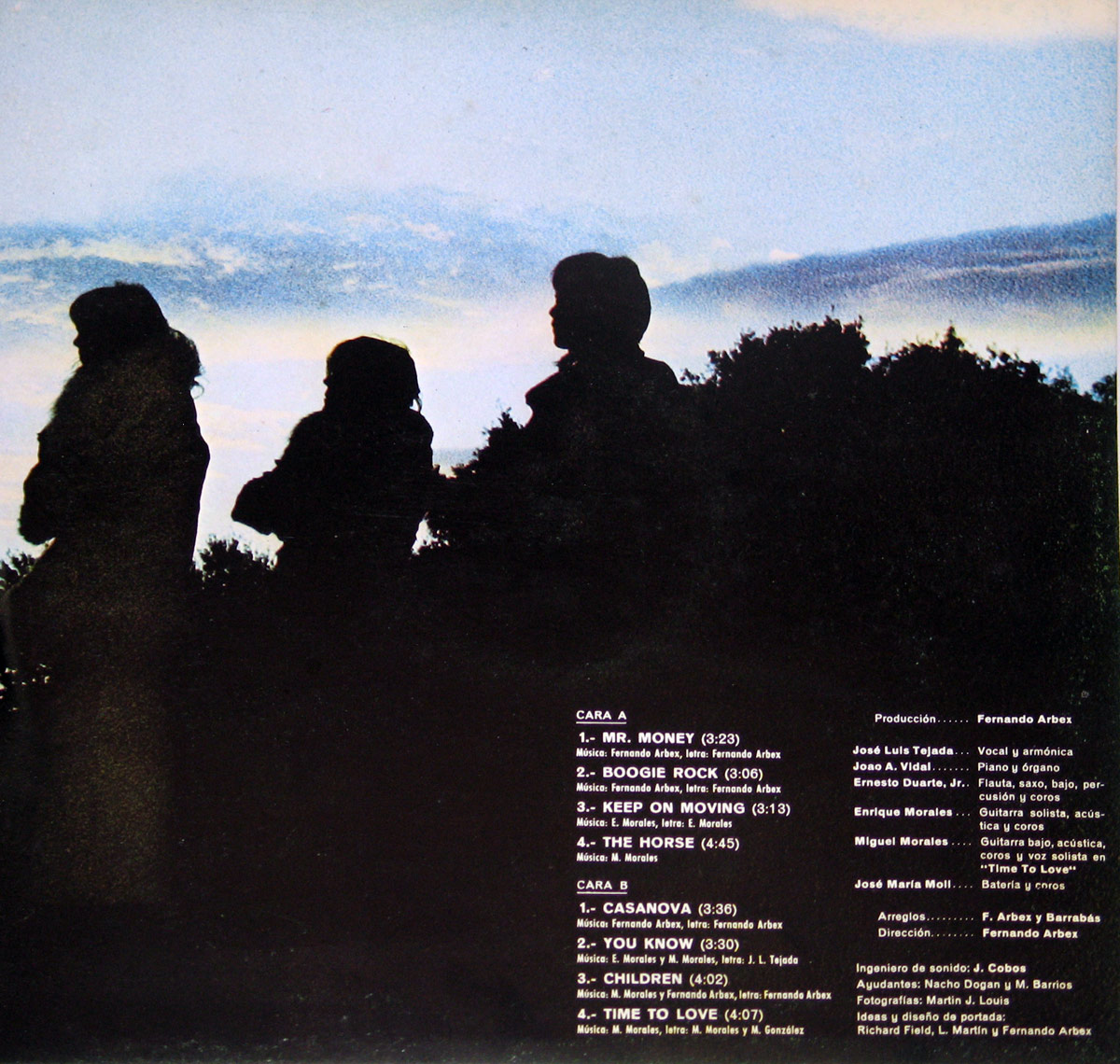 Inner cover of 'Power' by Barrabás (1972), featuring three silhouetted figures standing against a twilight sky with wispy clouds. White text in the lower right lists the album’s track titles, production credits, and musician roles.