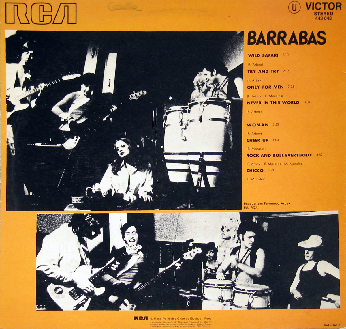 Back cover of Barrabás' 'Wild Safari' album featuring a bold orange background, black and white band photos, and a tracklist.