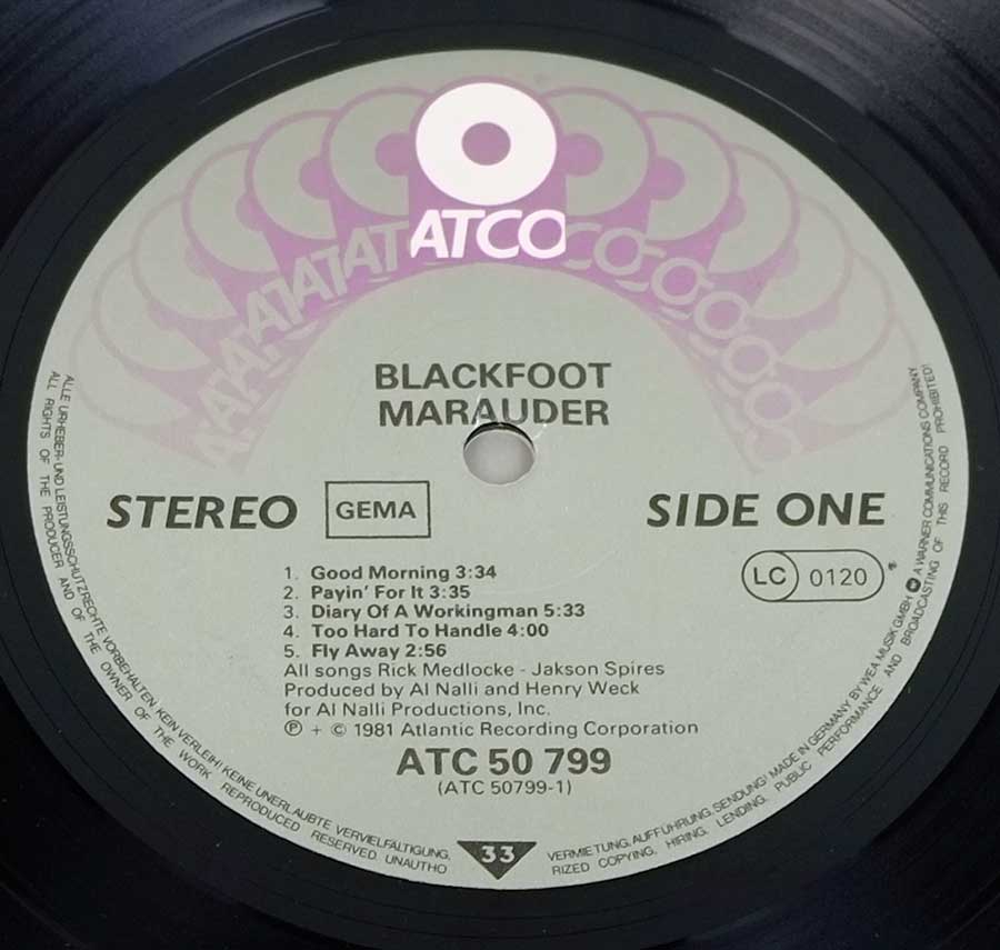 Close up of record's label BLACKFOOT - Marauder Southern Rock Side One