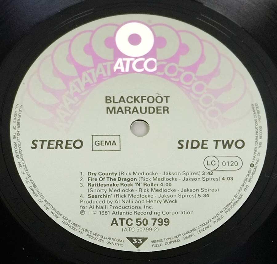 Close up of record's label BLACKFOOT - Marauder Southern Rock Side Two