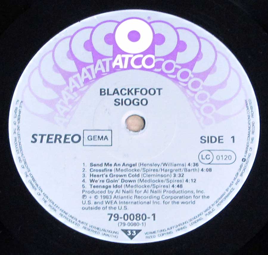 Close up of record's label BLACKFOOT - Siogo - Southern Rock  Side One