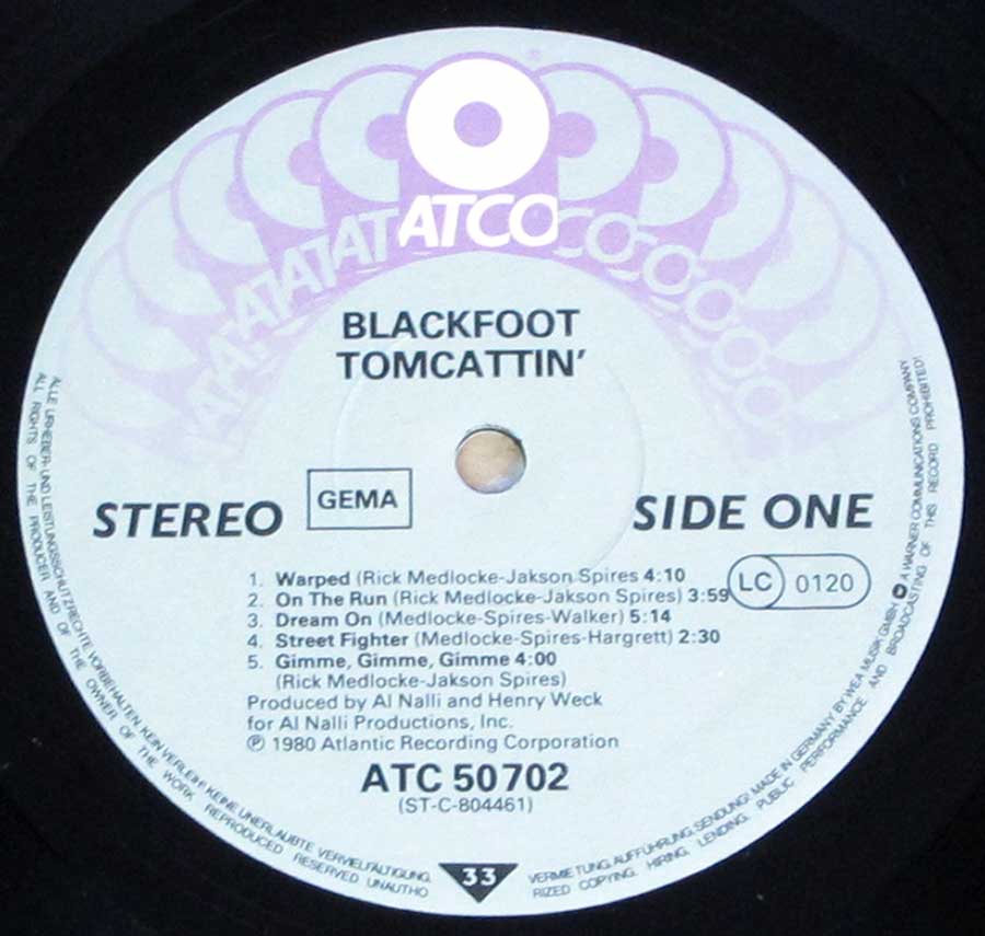 Close up of record's label BLACKFOOT - Tomcattin'  Side One