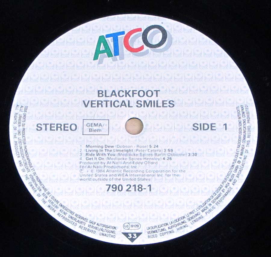 Close up of record's label BLACKFOOT - Vertical Smiles Side One